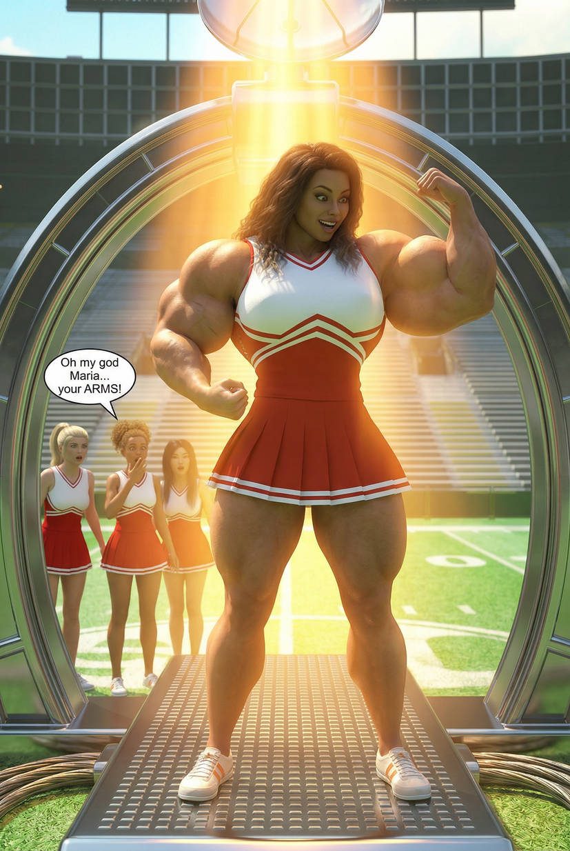 Cheer Squad Part 1, page 4 — AI female muscle growth comic