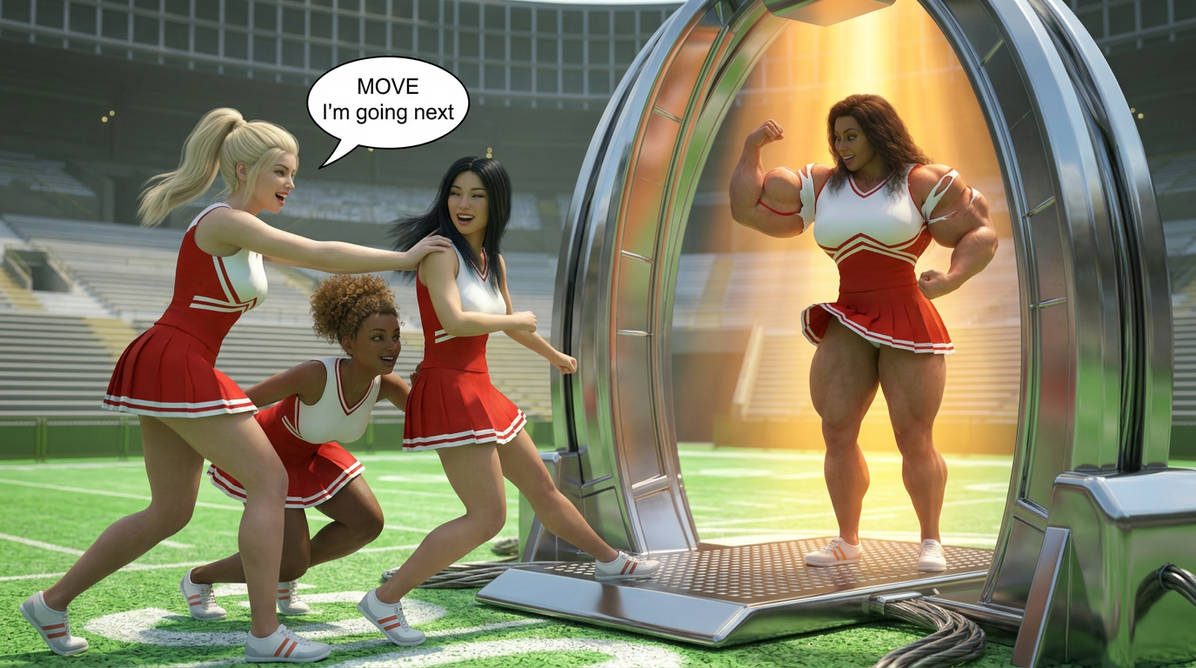 Cheer Squad Part 1, page 5 — AI female muscle growth comic