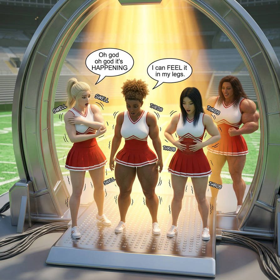 Cheer Squad Part 1, page 6 — AI female muscle growth comic