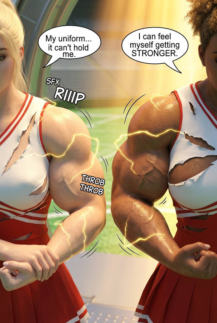 Cheer Squad Part 1, page 7 — AI female muscle growth comic