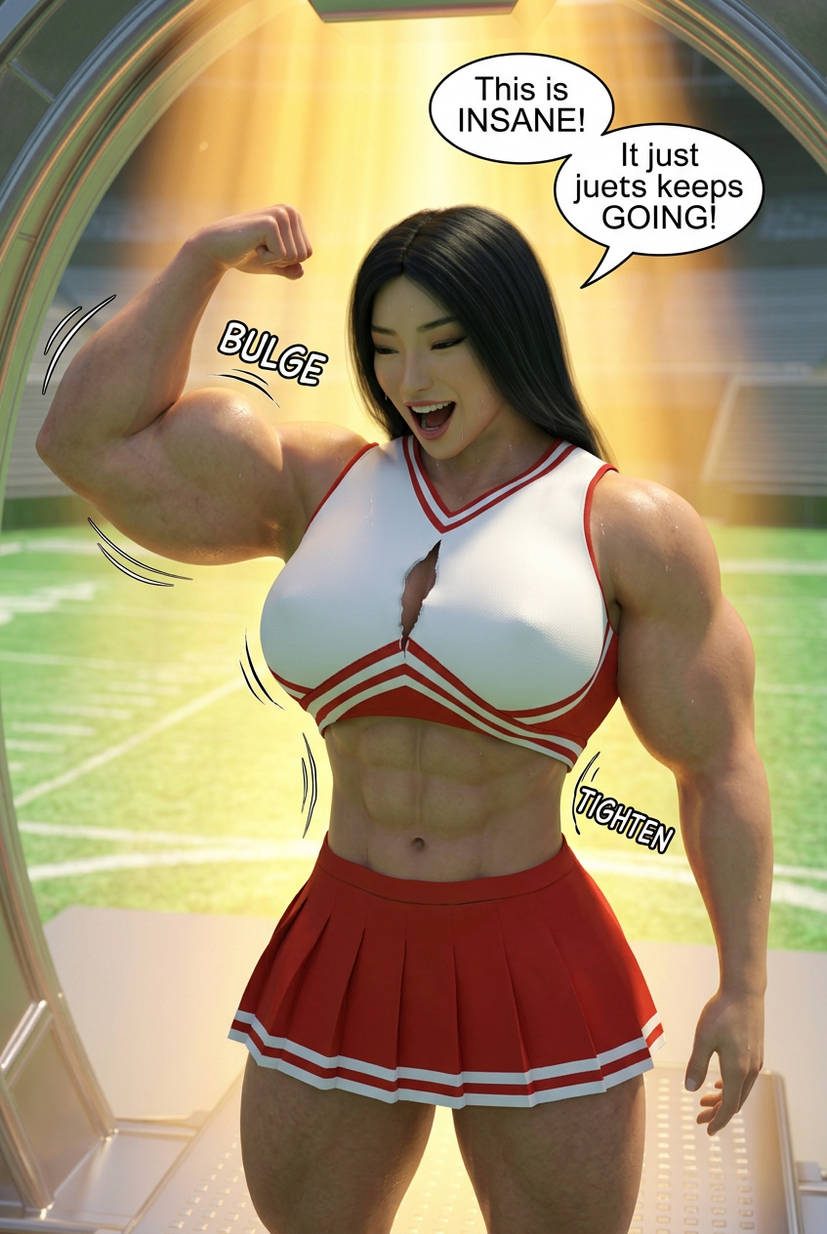 Cheer Squad Part 1, page 8 — AI female muscle growth comic