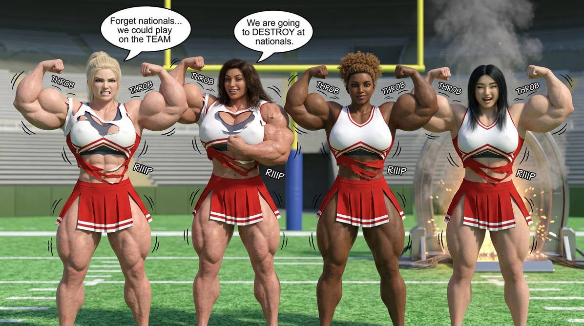 Cheer Squad Part 1, page 9 — AI female muscle growth comic