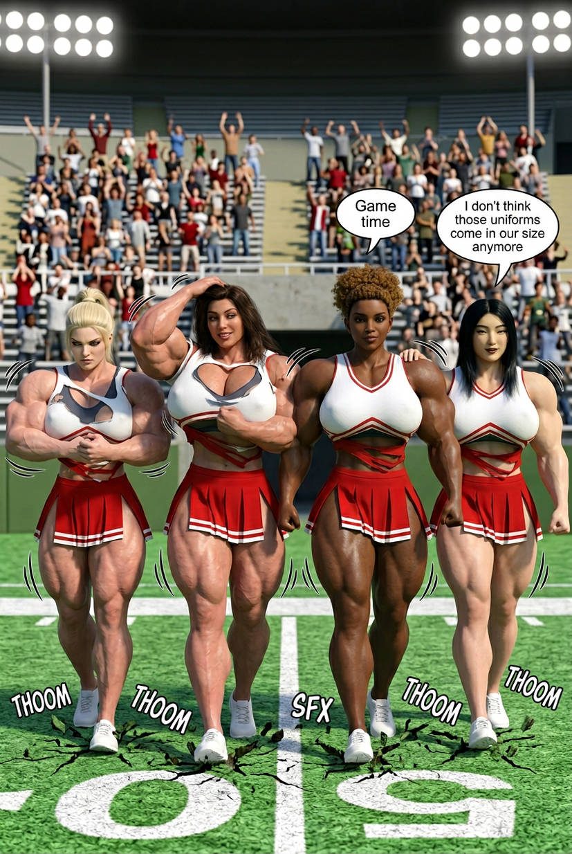 Cheer Squad Part 1, page 10 — AI female muscle growth comic