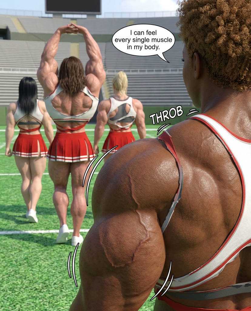 Cheer Squad Part 1, page 11 — AI female muscle growth comic
