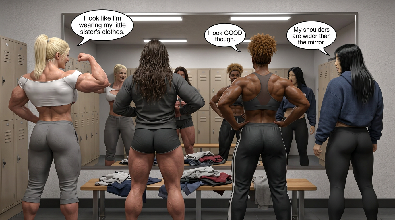 Cheer Squad Part 2, page 4 — AI female muscle growth comic
