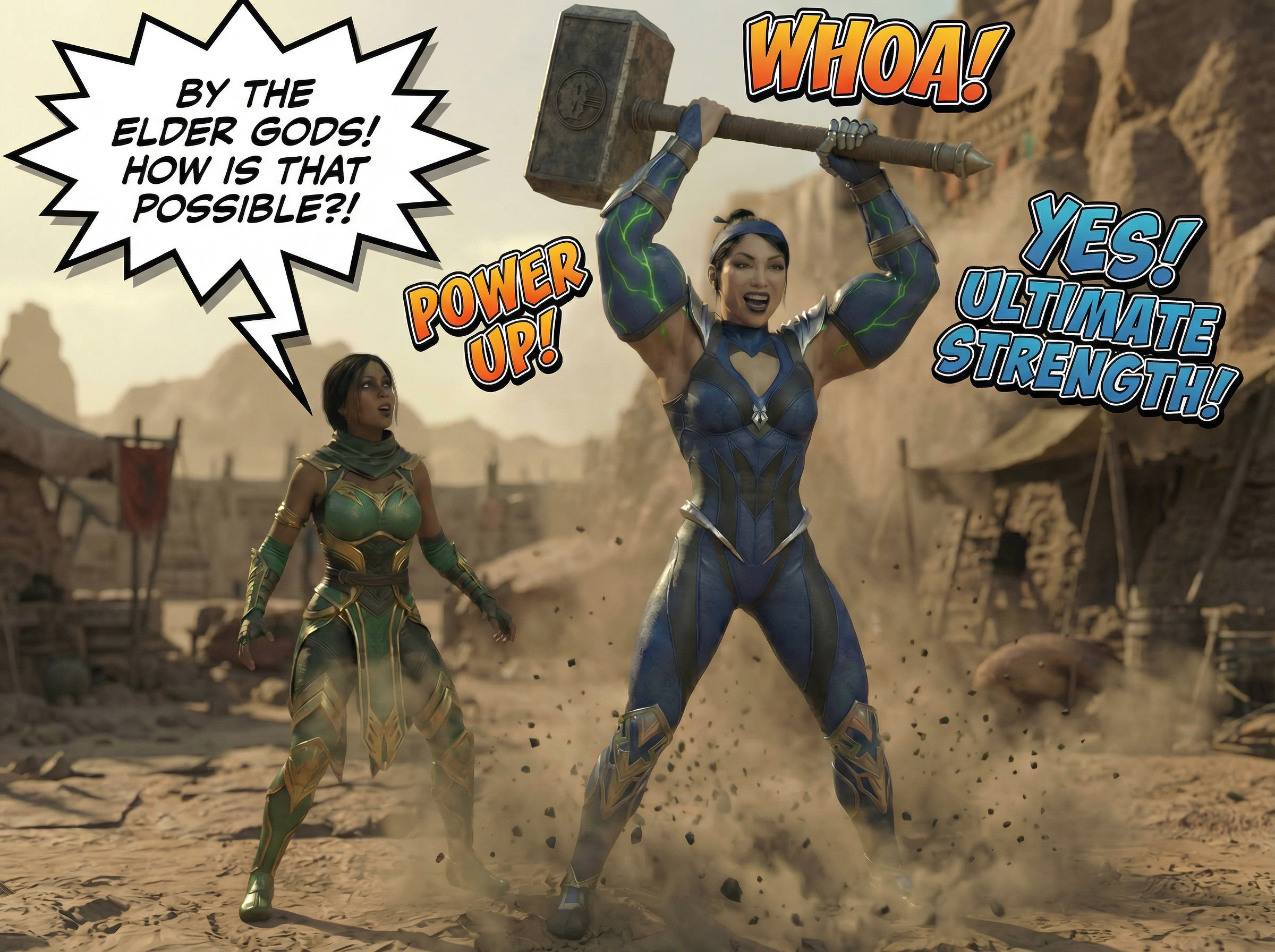 Kitana Khan Part 1, page 14 — AI female muscle growth comic