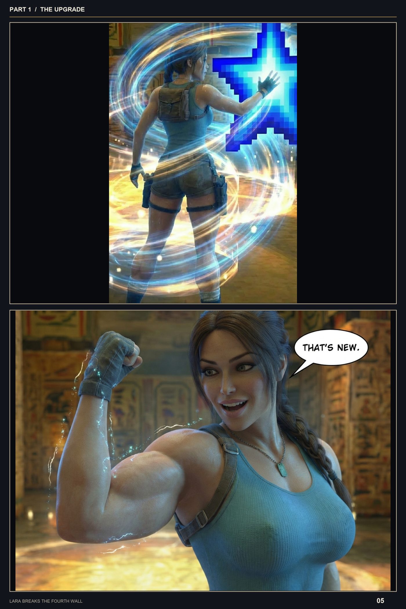 Lara Breaks the 4th Wall — Remastered Edition The Upgrade, page 5 — AI female muscle growth comic