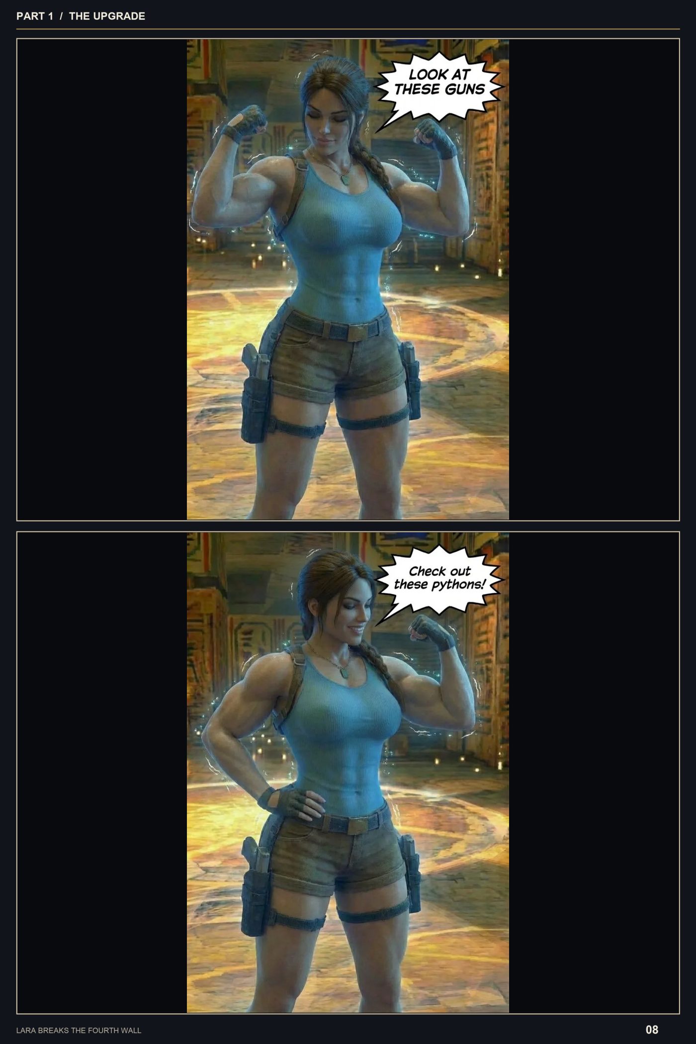Lara Breaks the 4th Wall — Remastered Edition The Upgrade, page 8 — AI female muscle growth comic