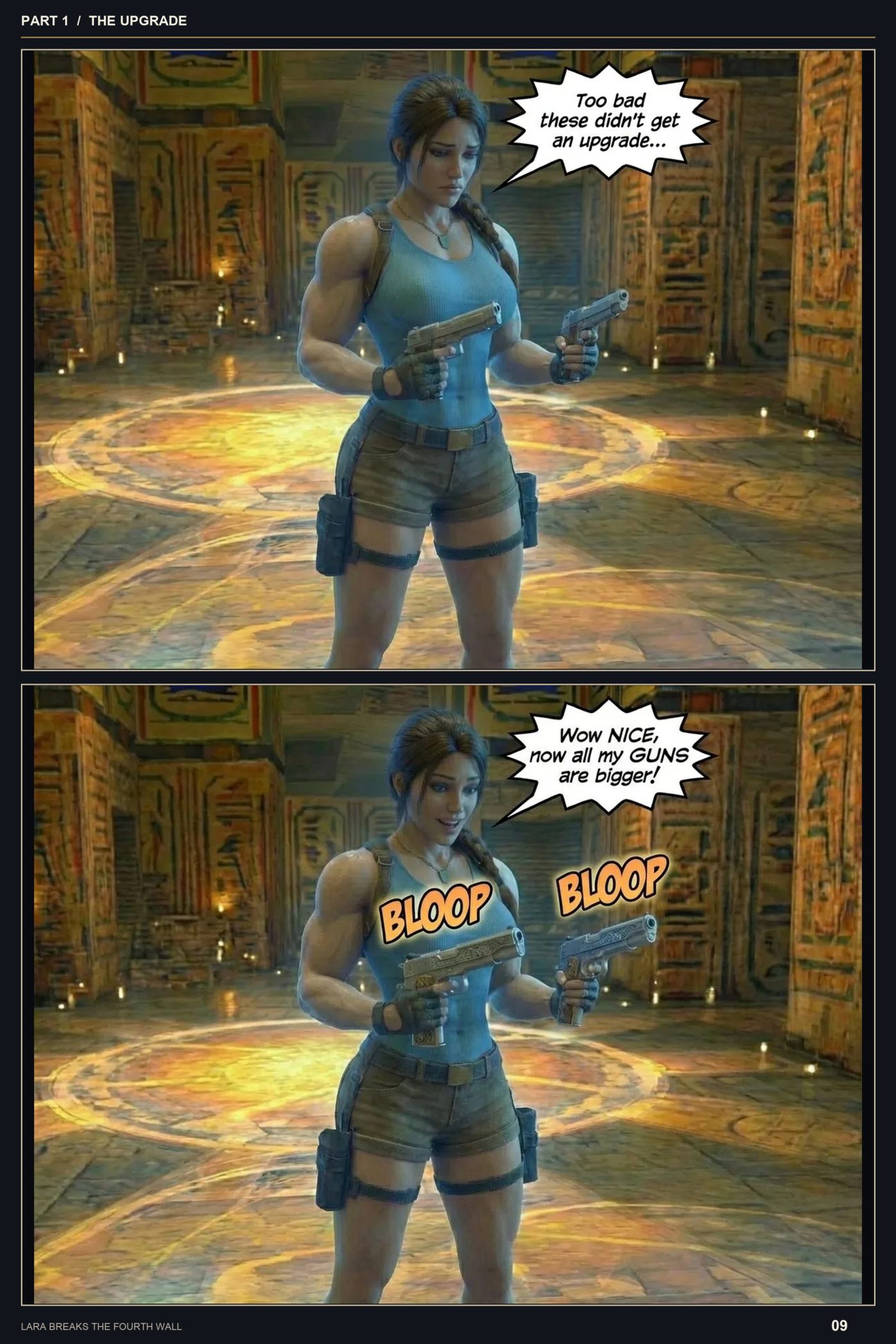 Lara Breaks the 4th Wall — Remastered Edition The Upgrade, page 9 — AI female muscle growth comic