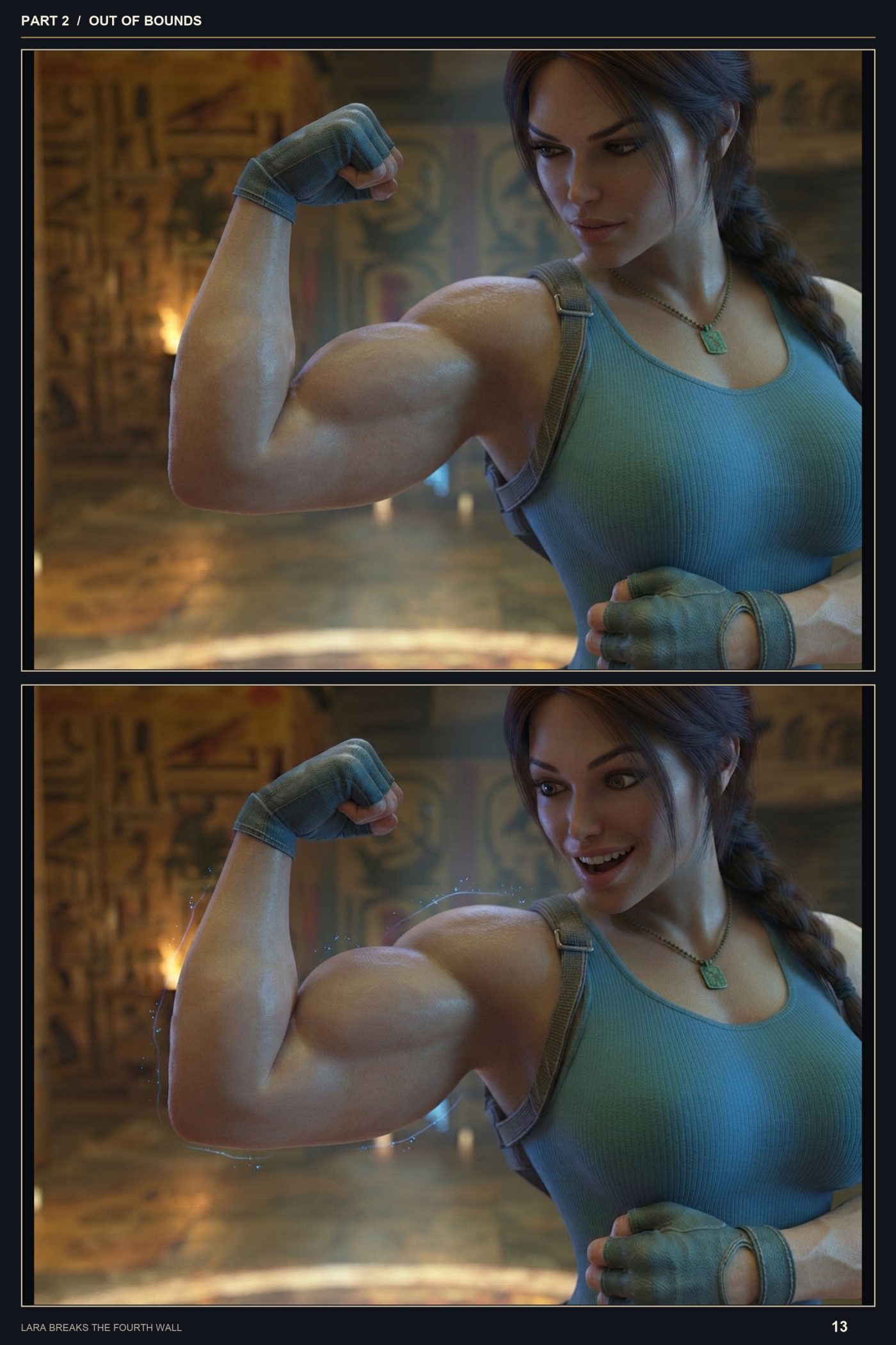 Lara Breaks the 4th Wall — Remastered Edition Out of Bounds, page 4 — AI female muscle growth comic