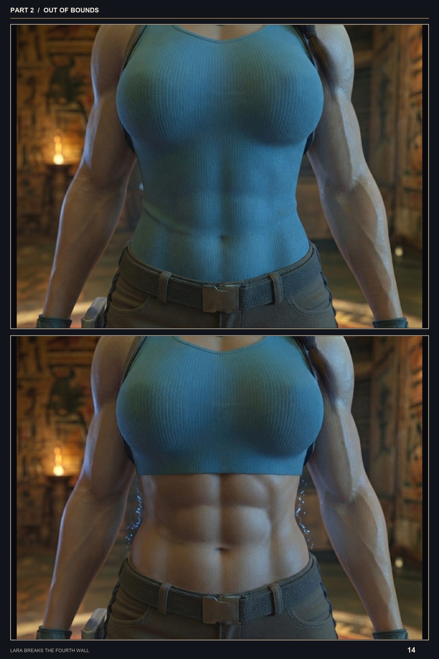 Lara Breaks the 4th Wall — Remastered Edition Out of Bounds, page 5 — AI female muscle growth comic