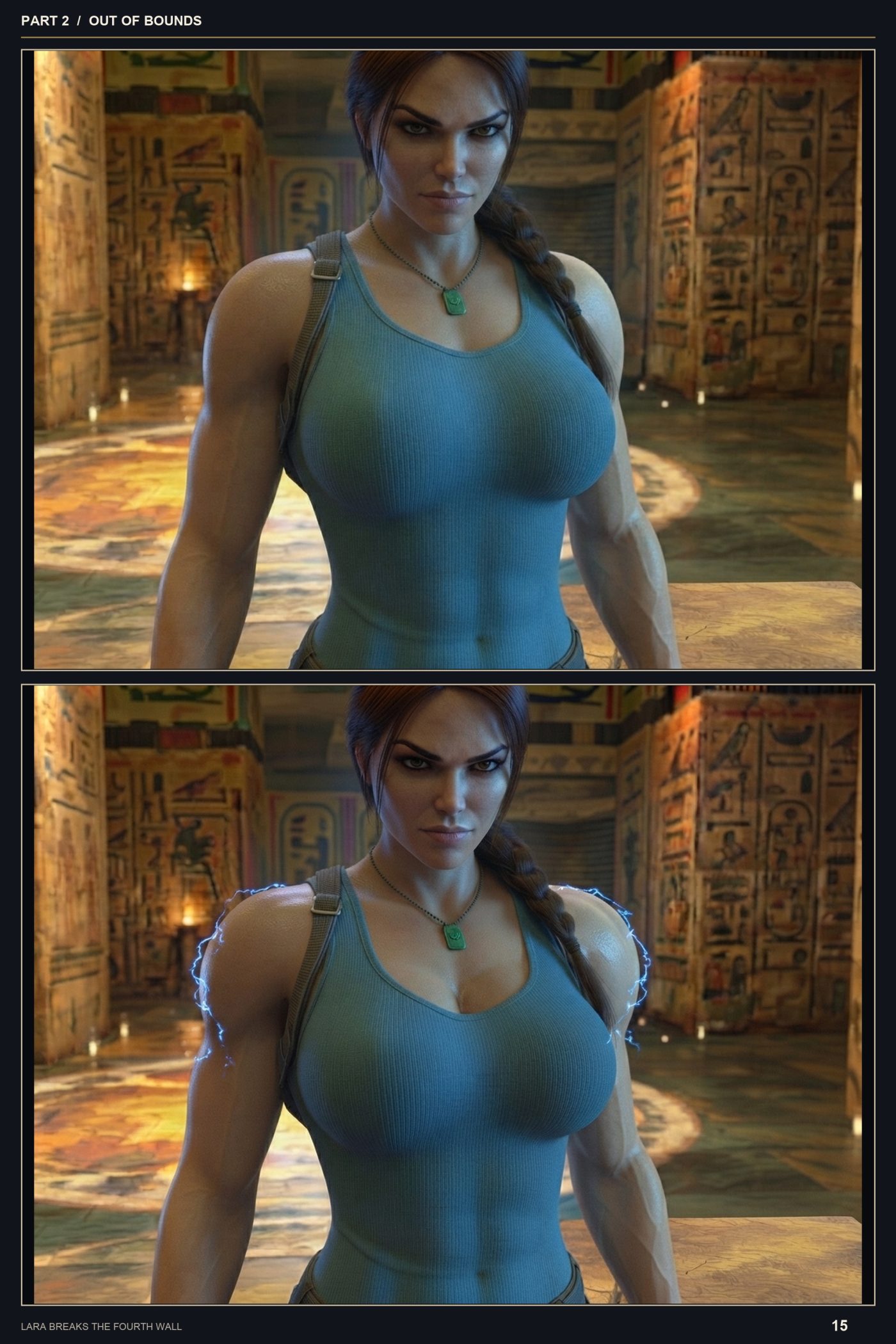 Lara Breaks the 4th Wall — Remastered Edition Out of Bounds, page 6 — AI female muscle growth comic