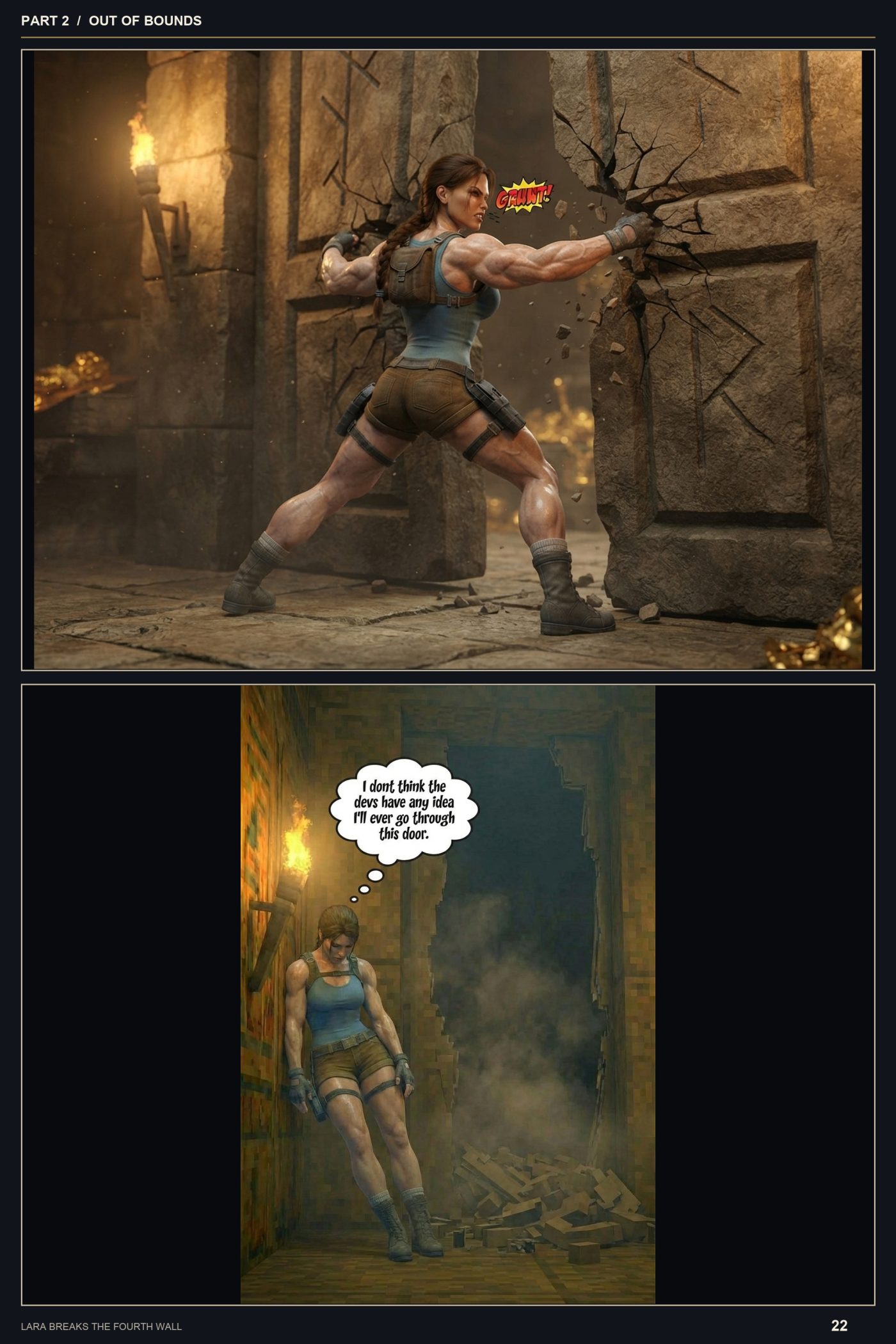 Lara Breaks the 4th Wall — Remastered Edition Out of Bounds, page 13 — AI female muscle growth comic