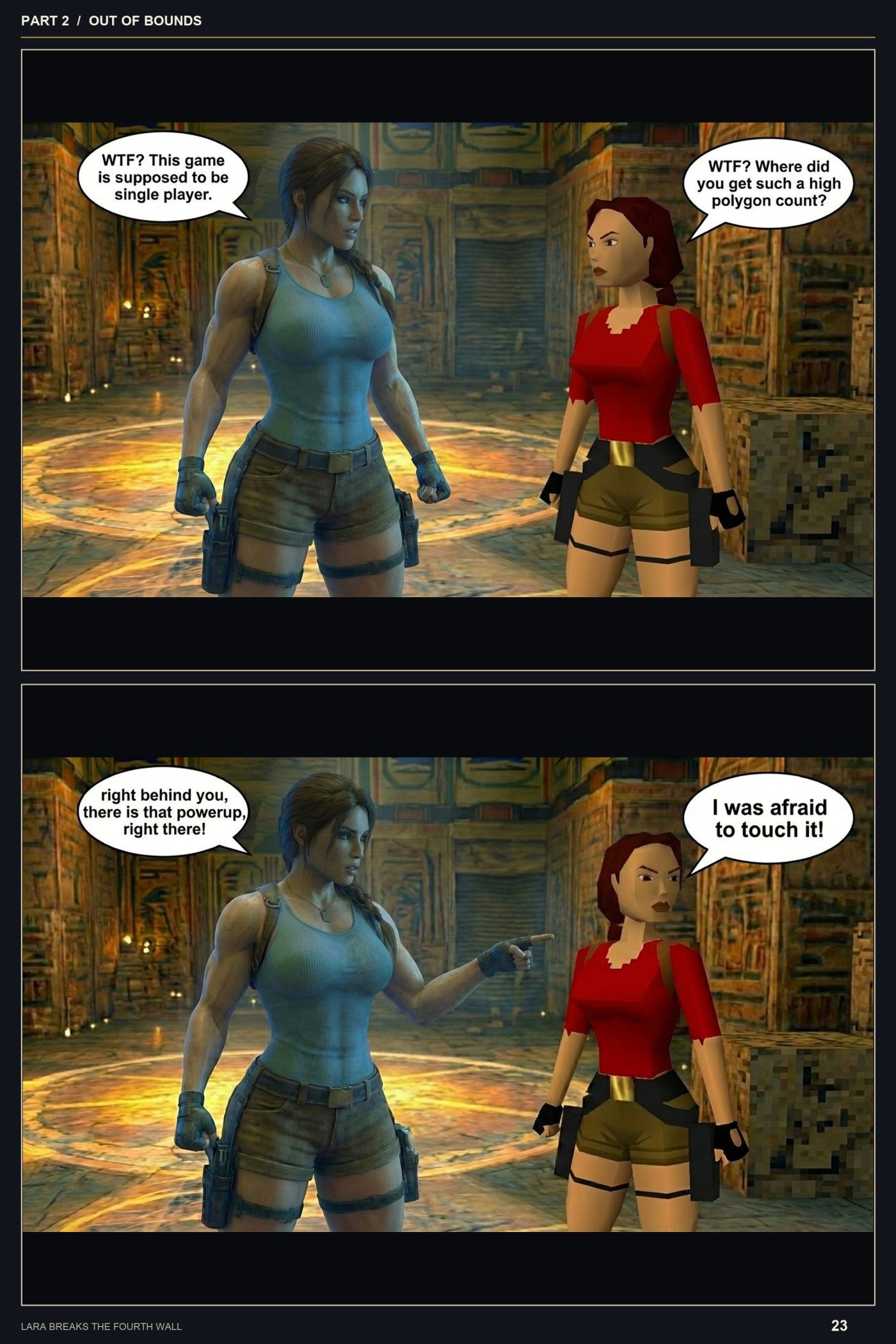 Lara Breaks the 4th Wall — Remastered Edition Out of Bounds, page 14 — AI female muscle growth comic