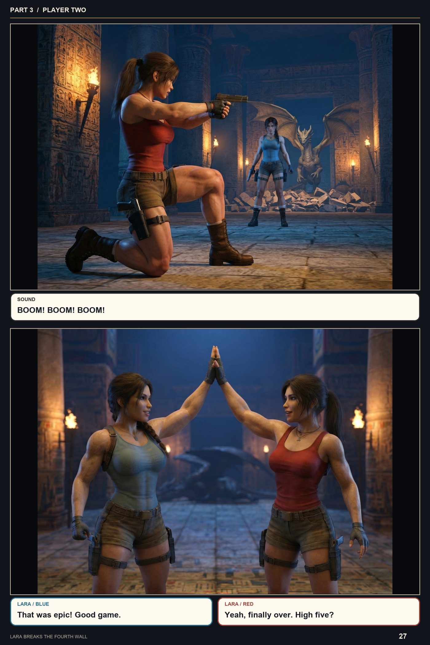 Lara Breaks the 4th Wall — Remastered Edition Player Two, page 3 — AI female muscle growth comic