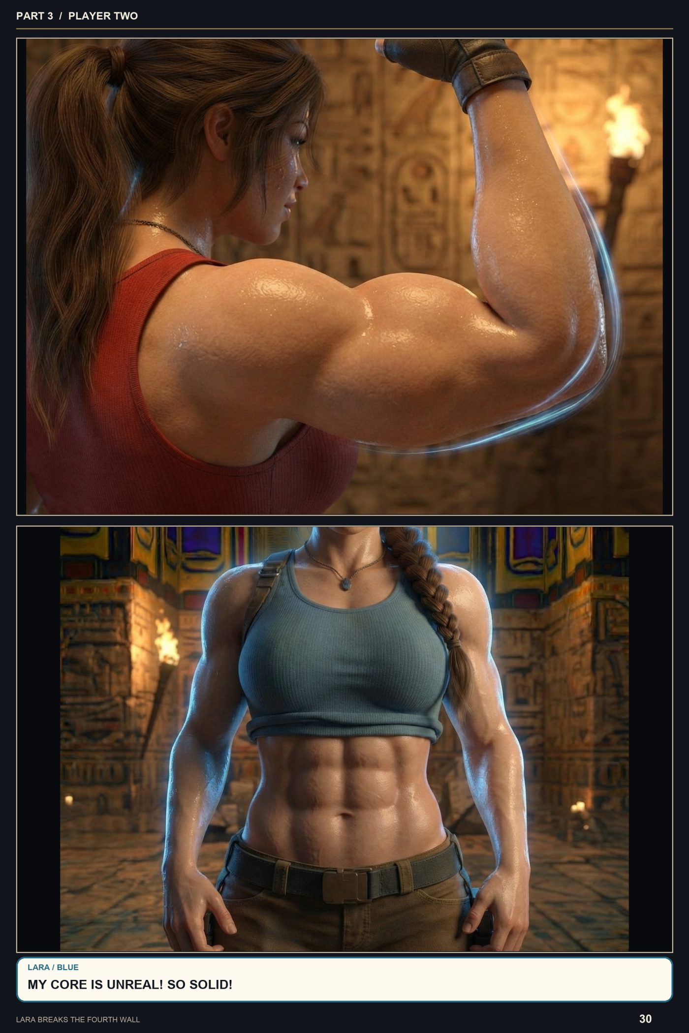 Lara Breaks the 4th Wall — Remastered Edition Player Two, page 6 — AI female muscle growth comic
