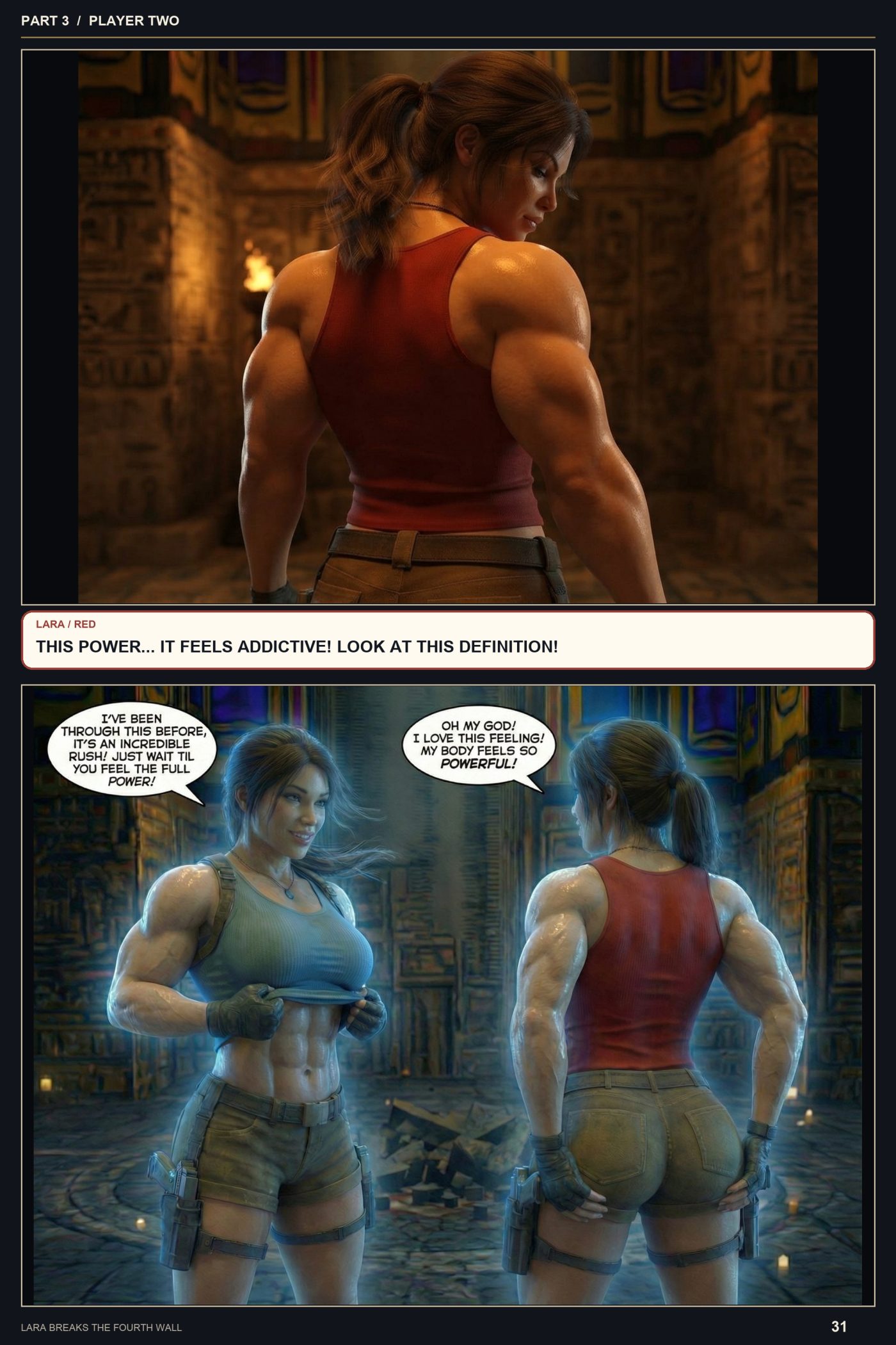 Lara Breaks the 4th Wall — Remastered Edition Player Two, page 7 — AI female muscle growth comic