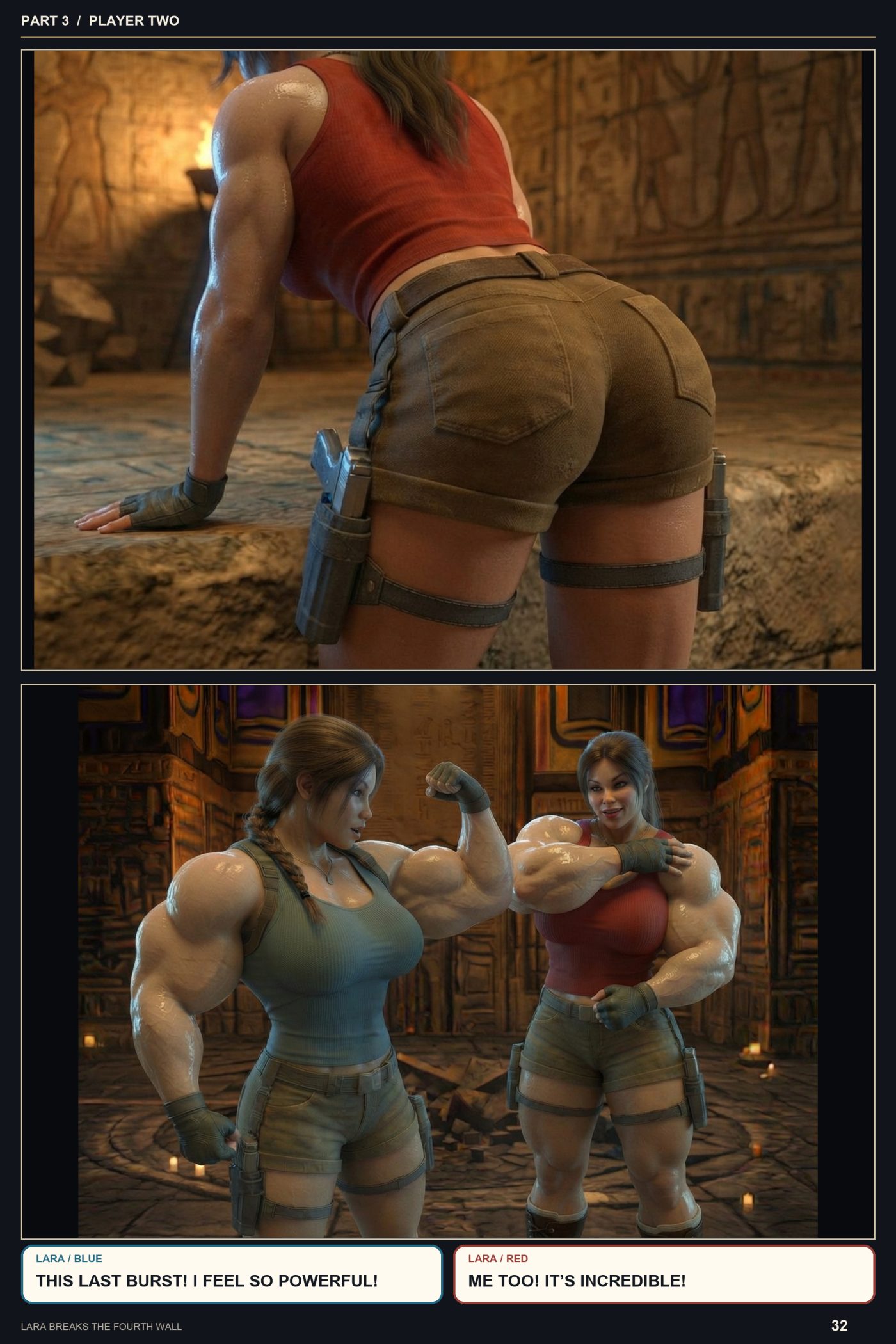 Lara Breaks the 4th Wall — Remastered Edition Player Two, page 8 — AI female muscle growth comic