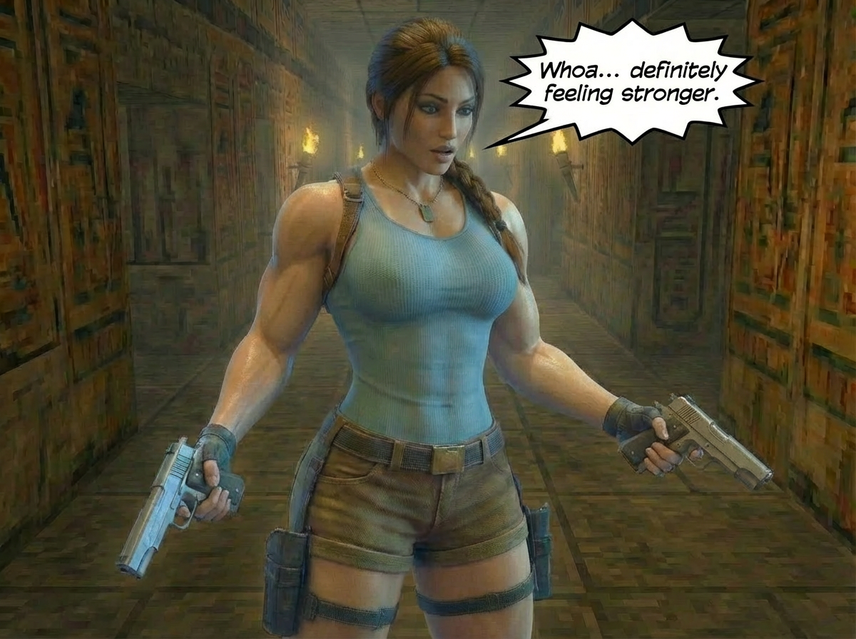 Lara Breaks the 4th Wall Part 2, page 6 — AI female muscle growth comic