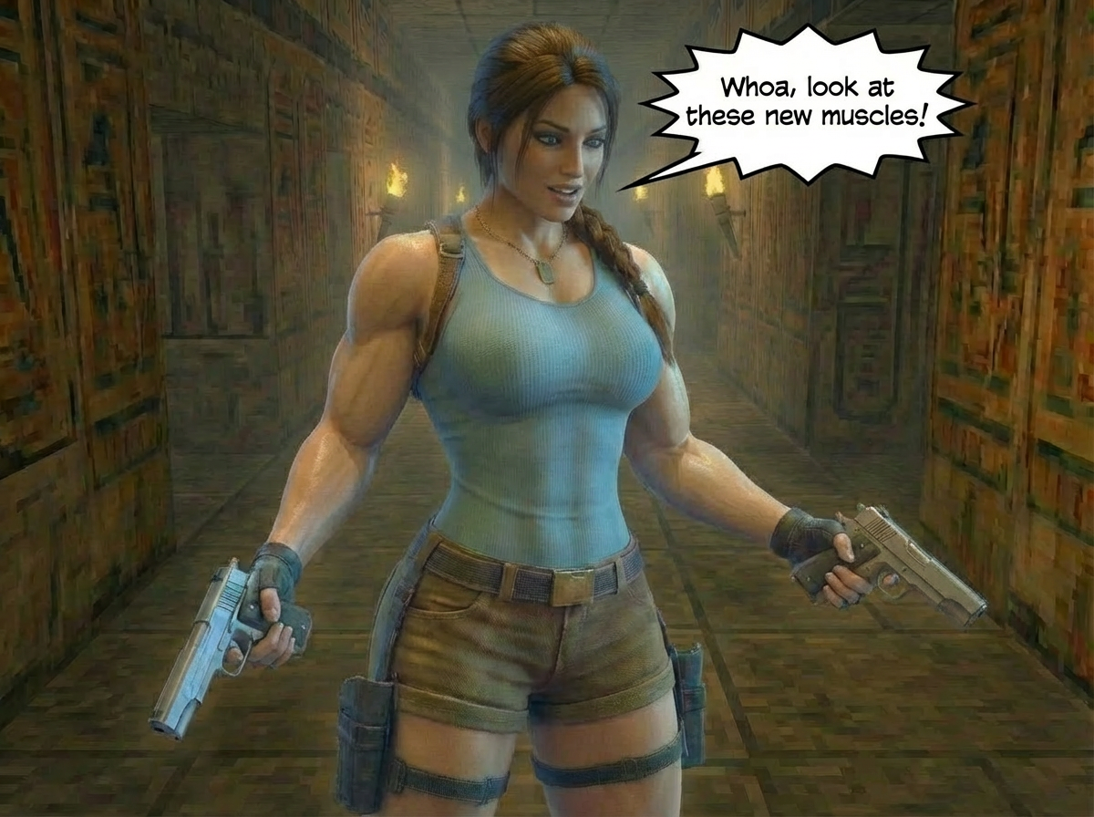 Lara Breaks the 4th Wall Part 2, page 7 — AI female muscle growth comic