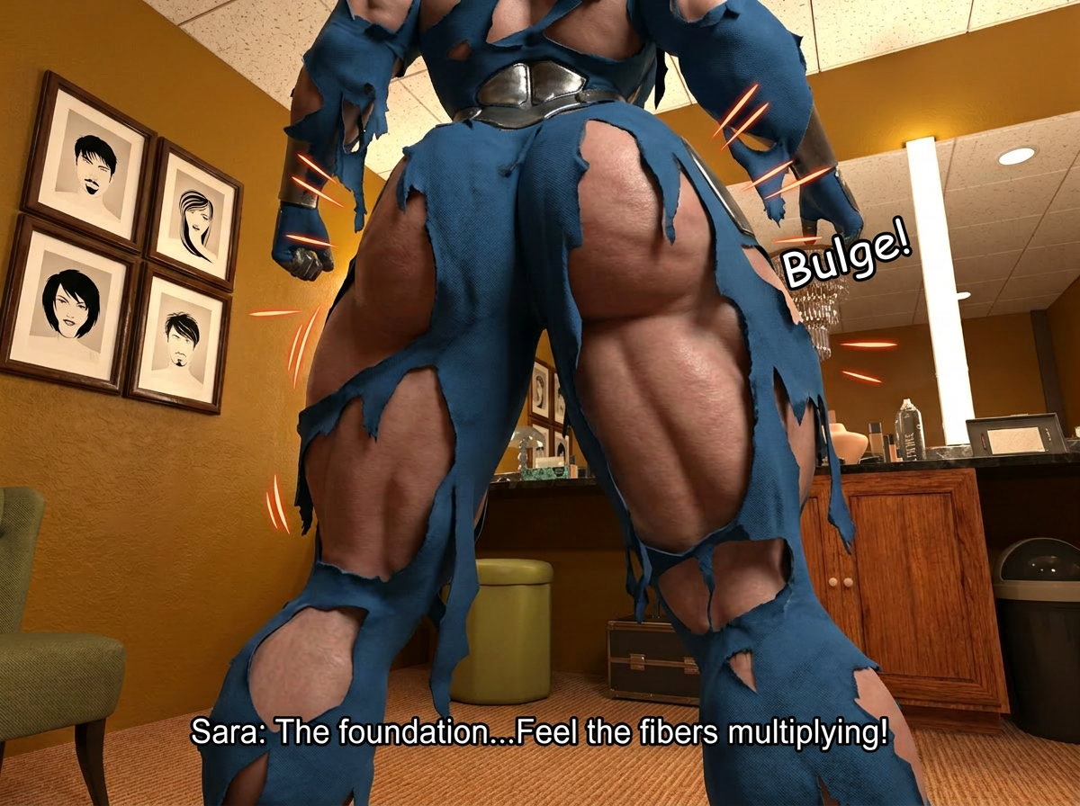 Method Transformation Part 1, page 6 — AI female muscle growth comic