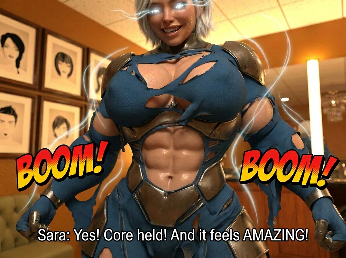 Method Transformation Part 1, page 8 — AI female muscle growth comic