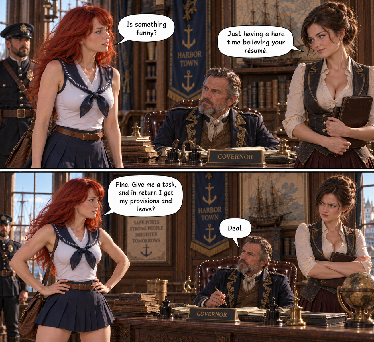 Poppy the Sailor Gal Part 1, page 8 — AI female muscle growth comic