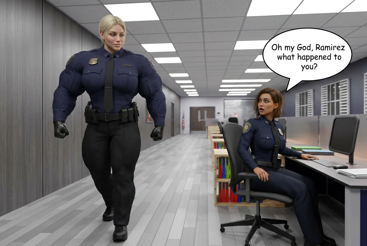 Super Cop Part 3, page 1 — AI female muscle growth comic