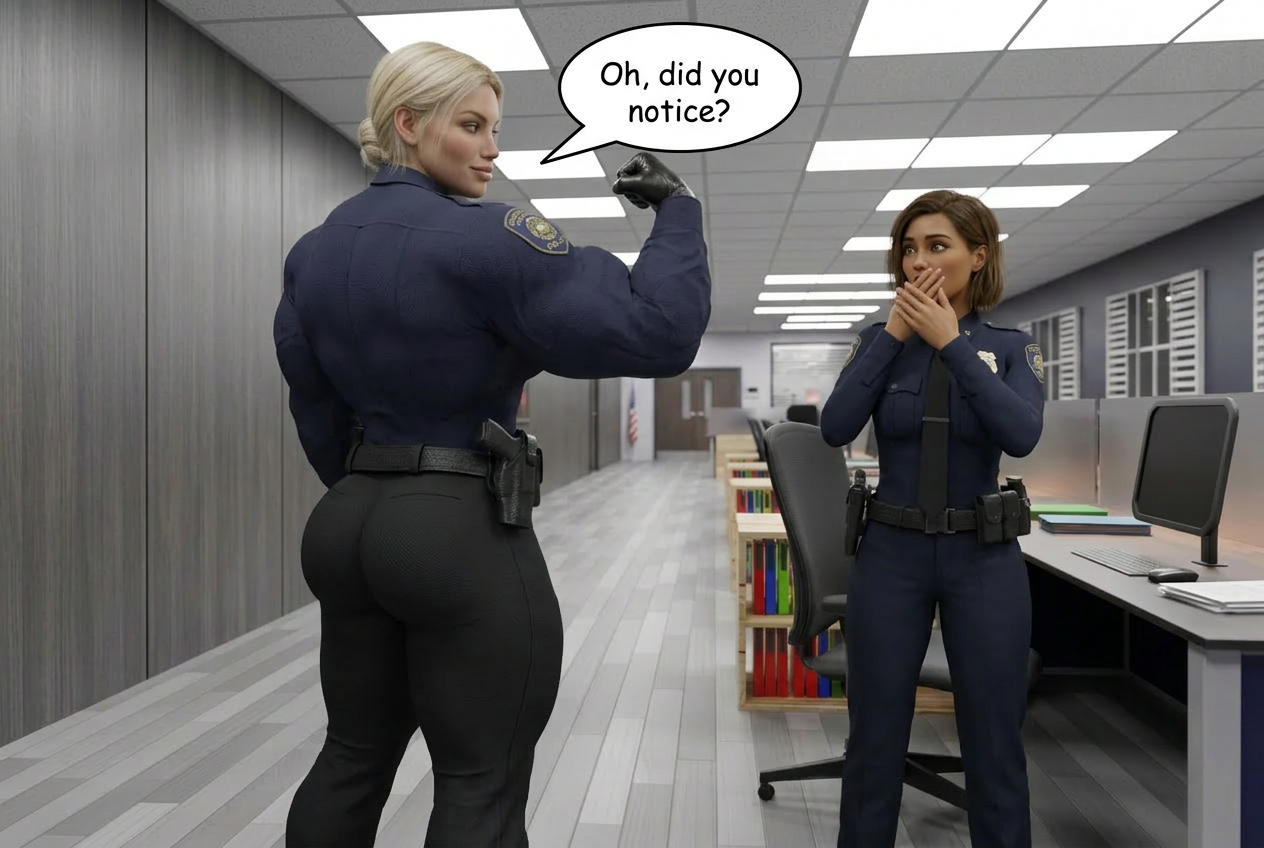 Super Cop Part 3, page 2 — AI female muscle growth comic