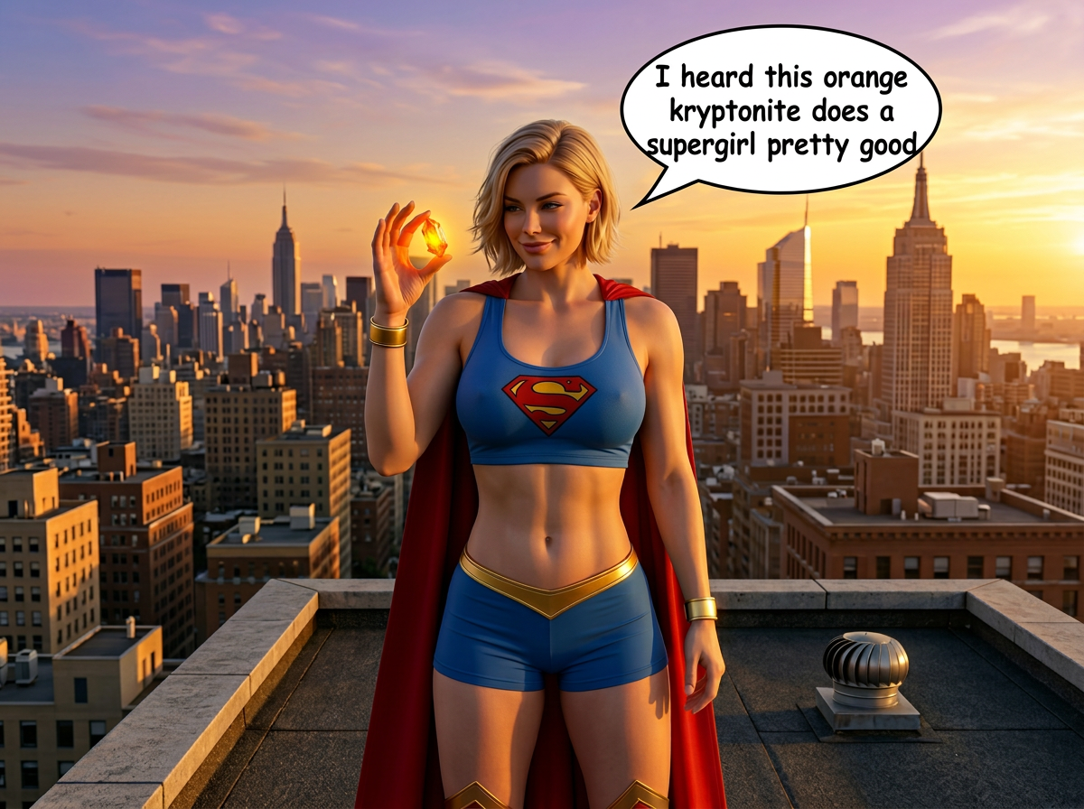 Super Kryptonite Part 1, page 1 — AI female muscle growth comic