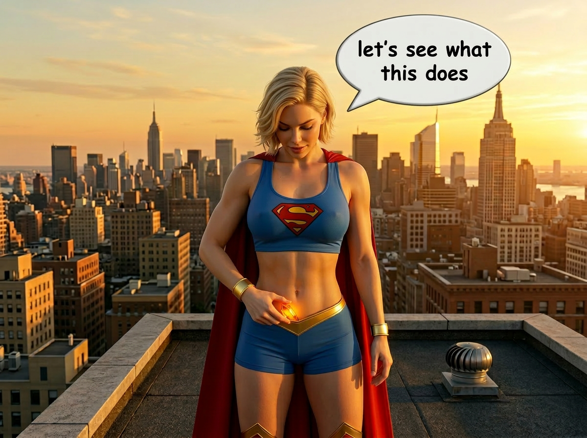Super Kryptonite Part 1, page 2 — AI female muscle growth comic