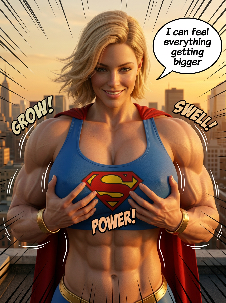 Super Kryptonite Part 1, page 5 — AI female muscle growth comic