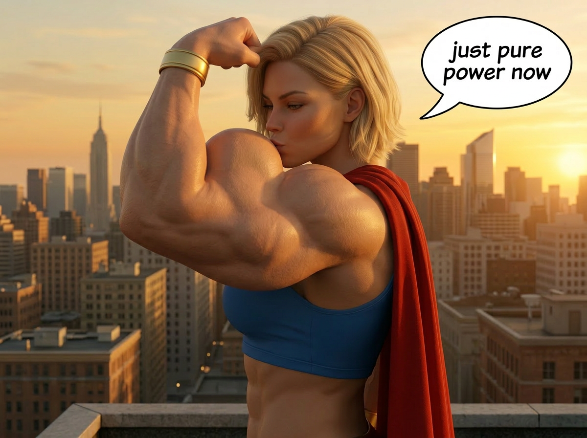 Super Kryptonite Part 1, page 6 — AI female muscle growth comic