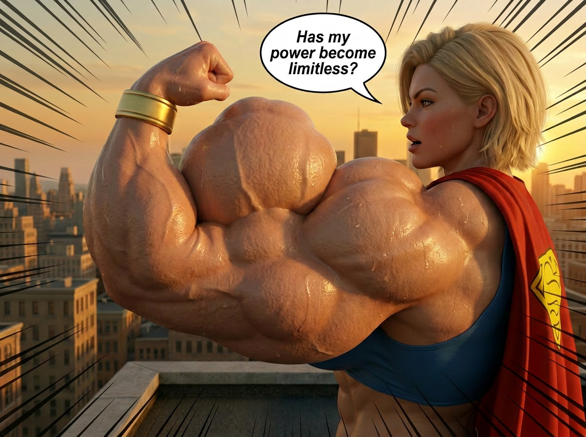 Super Kryptonite Part 1, page 8 — AI female muscle growth comic