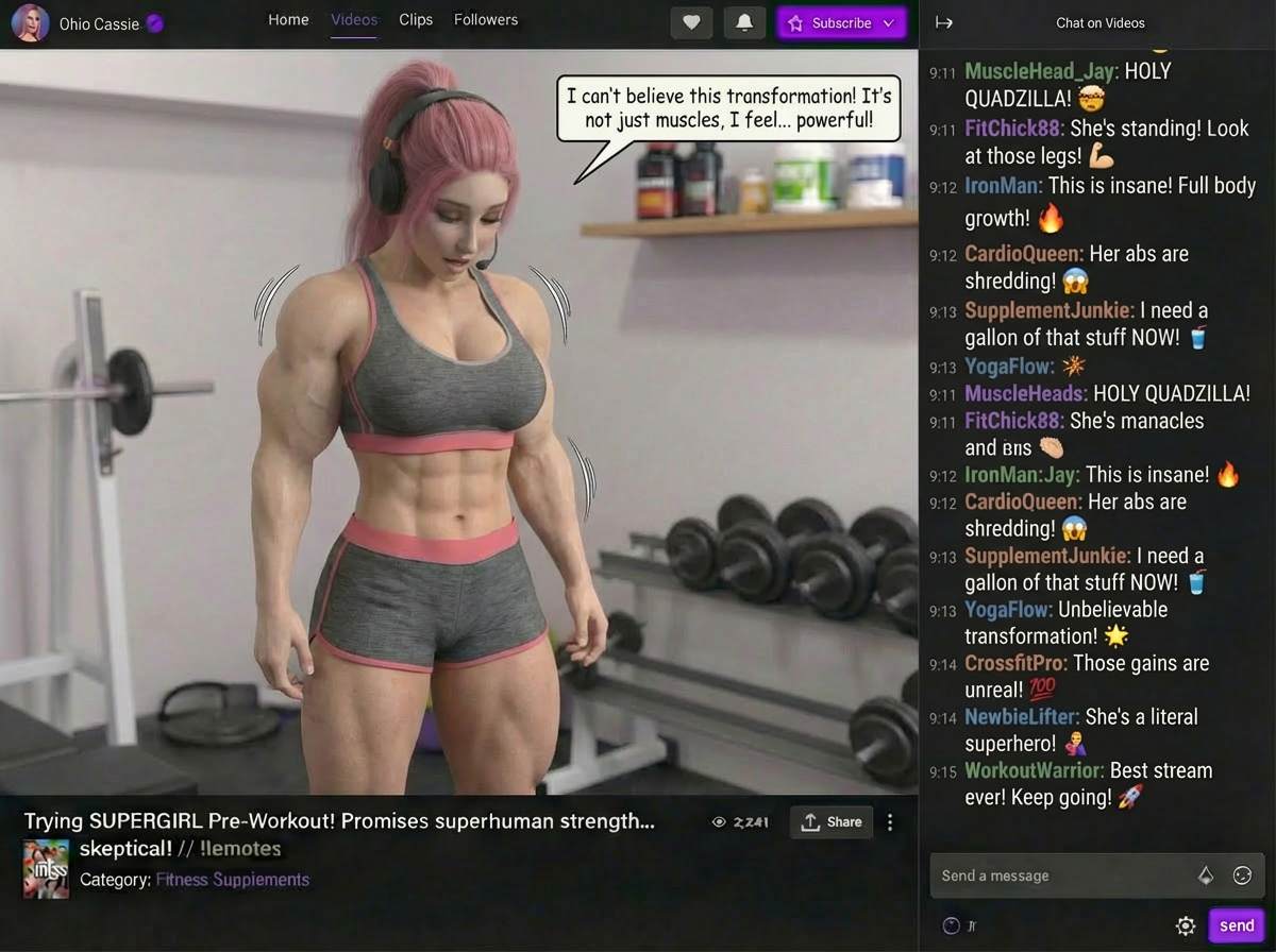 Super Streamer Part 1, page 10 — AI female muscle growth comic