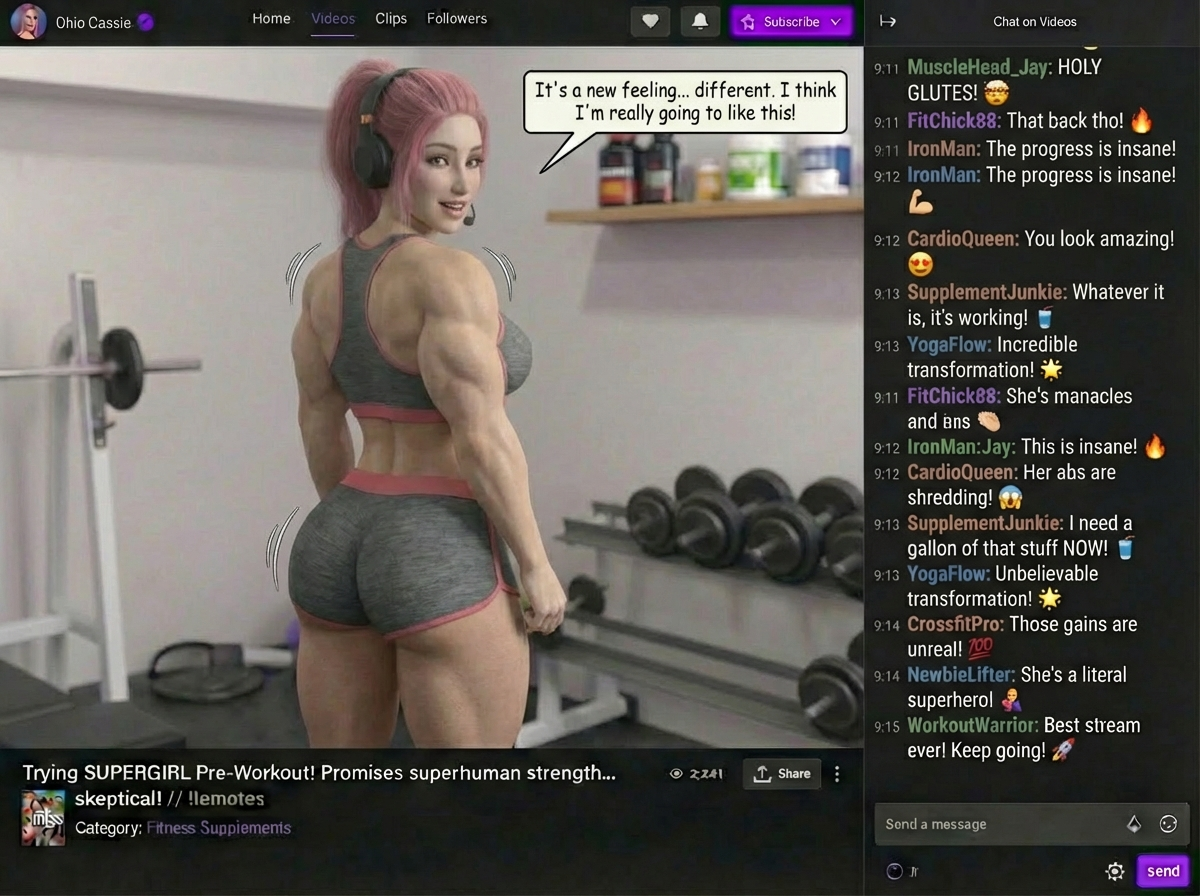 Super Streamer Part 2, page 3 — AI female muscle growth comic