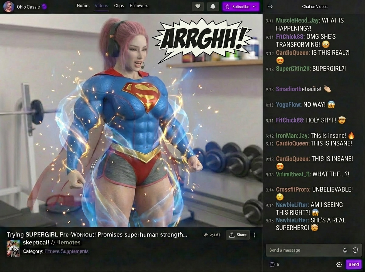 Super Streamer Part 2, page 4 — AI female muscle growth comic
