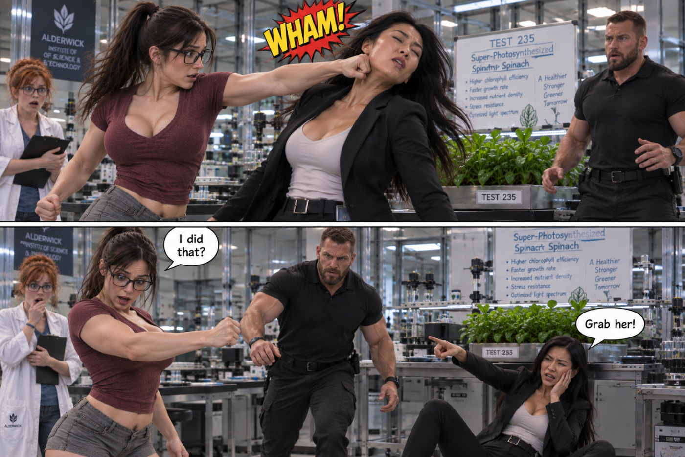 Test 235 Part 1, page 13 — AI female muscle growth comic