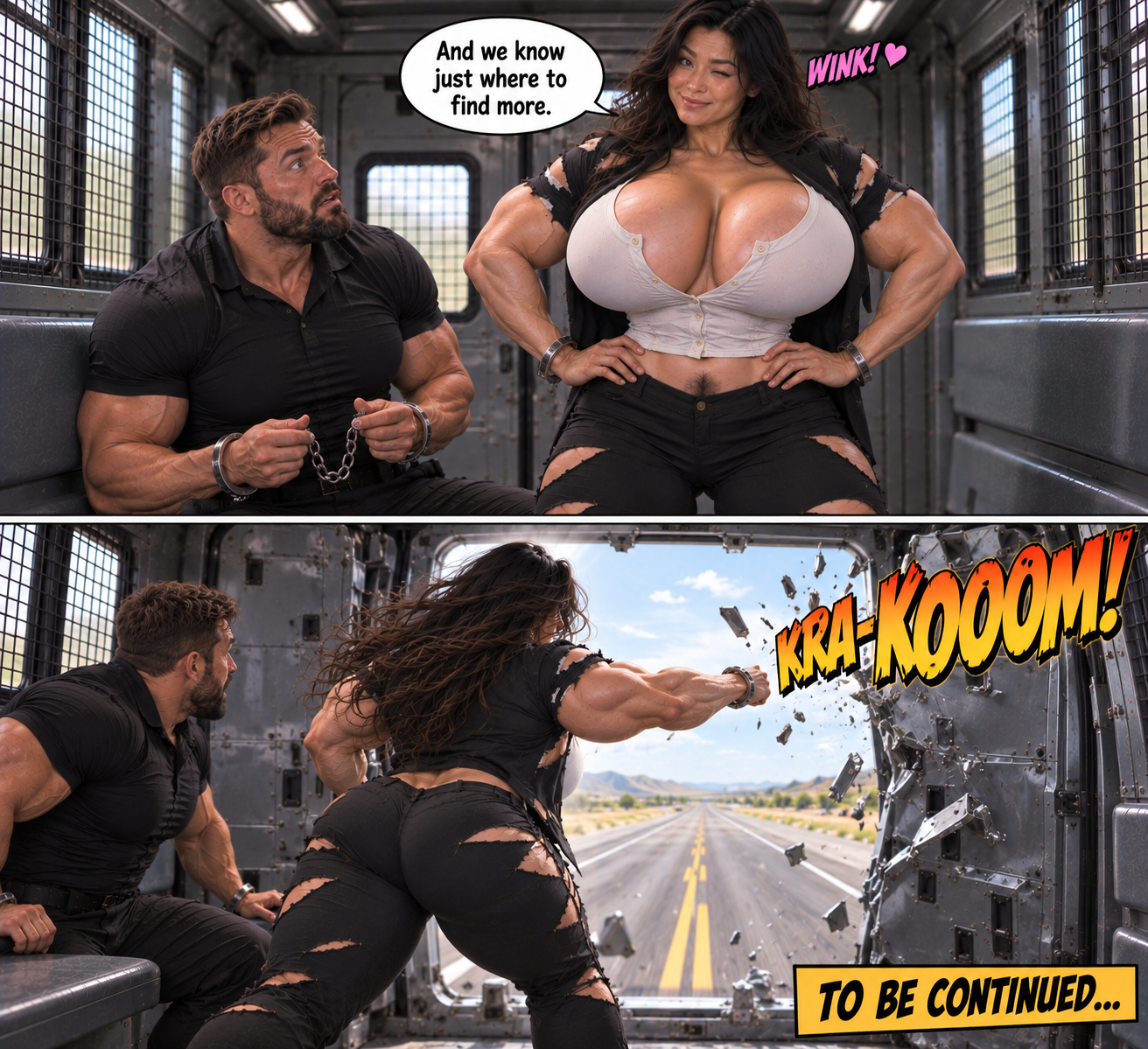 Test 235 The Van, page 14 — AI female muscle growth comic