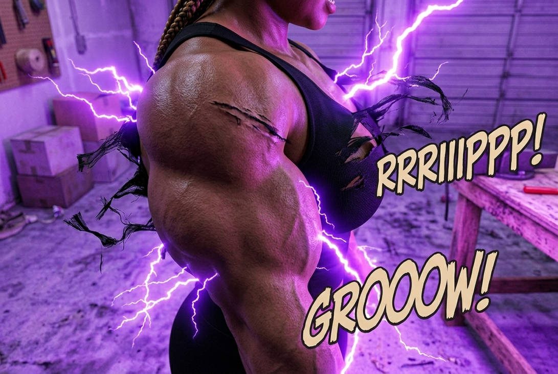 The B.A.D. Idea Part 3, page 4 — AI female muscle growth comic