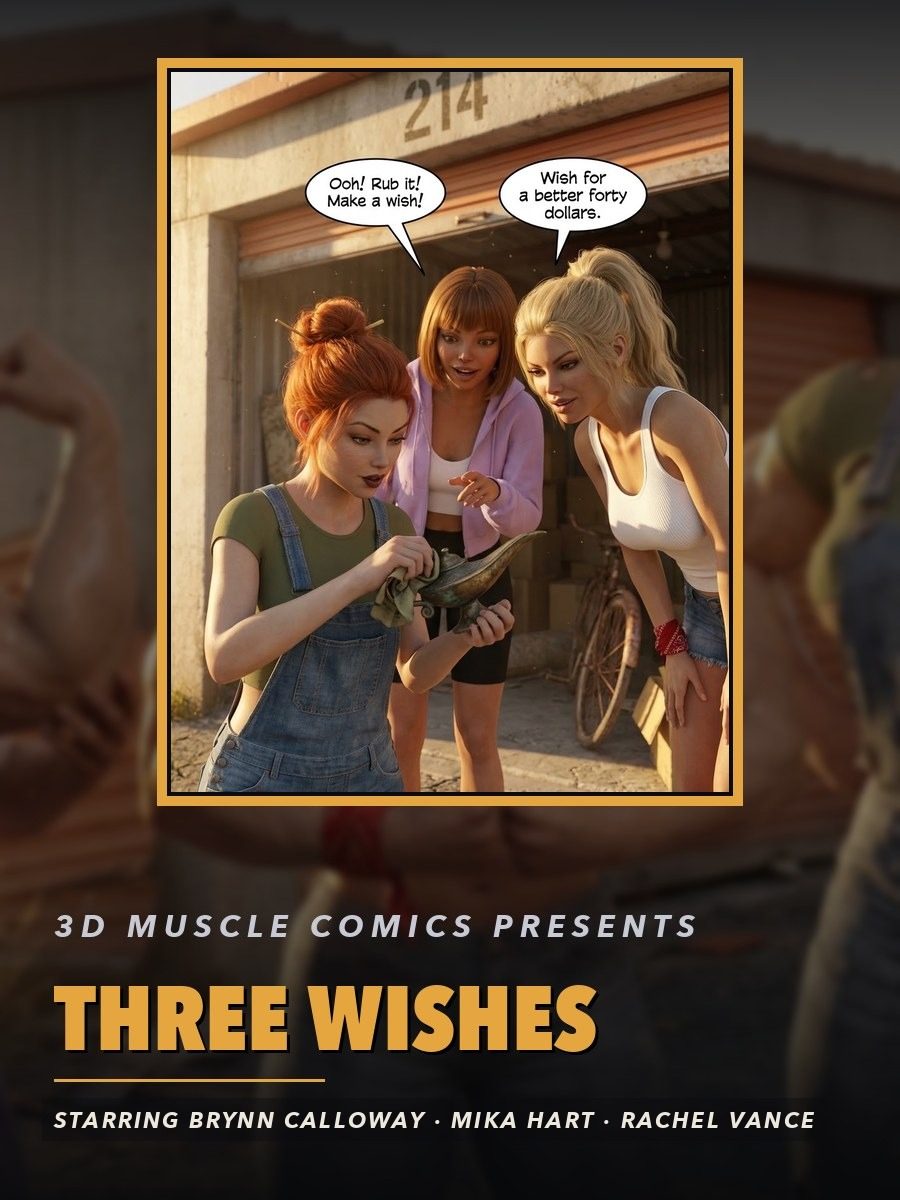 Three Wishes — AI female muscle growth comic cover
