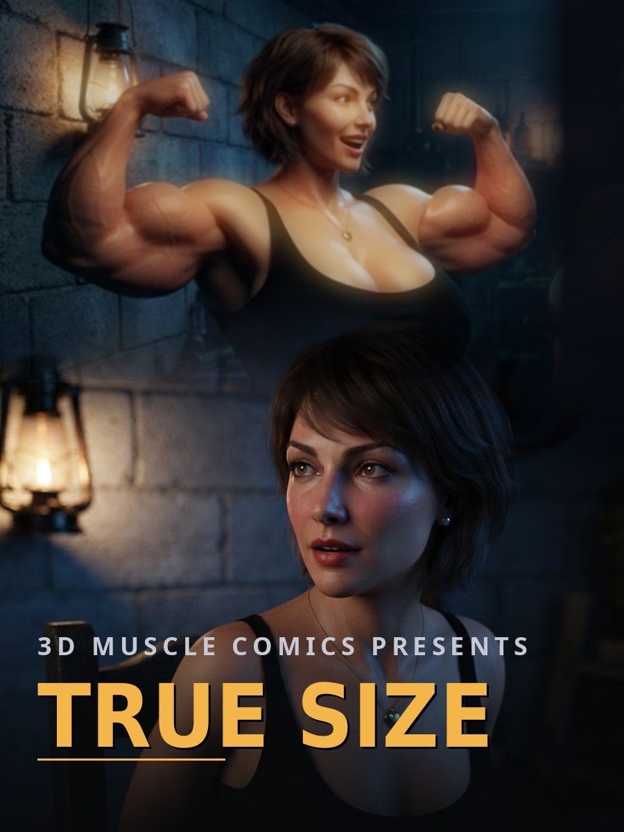 True Size — AI female muscle growth comic cover