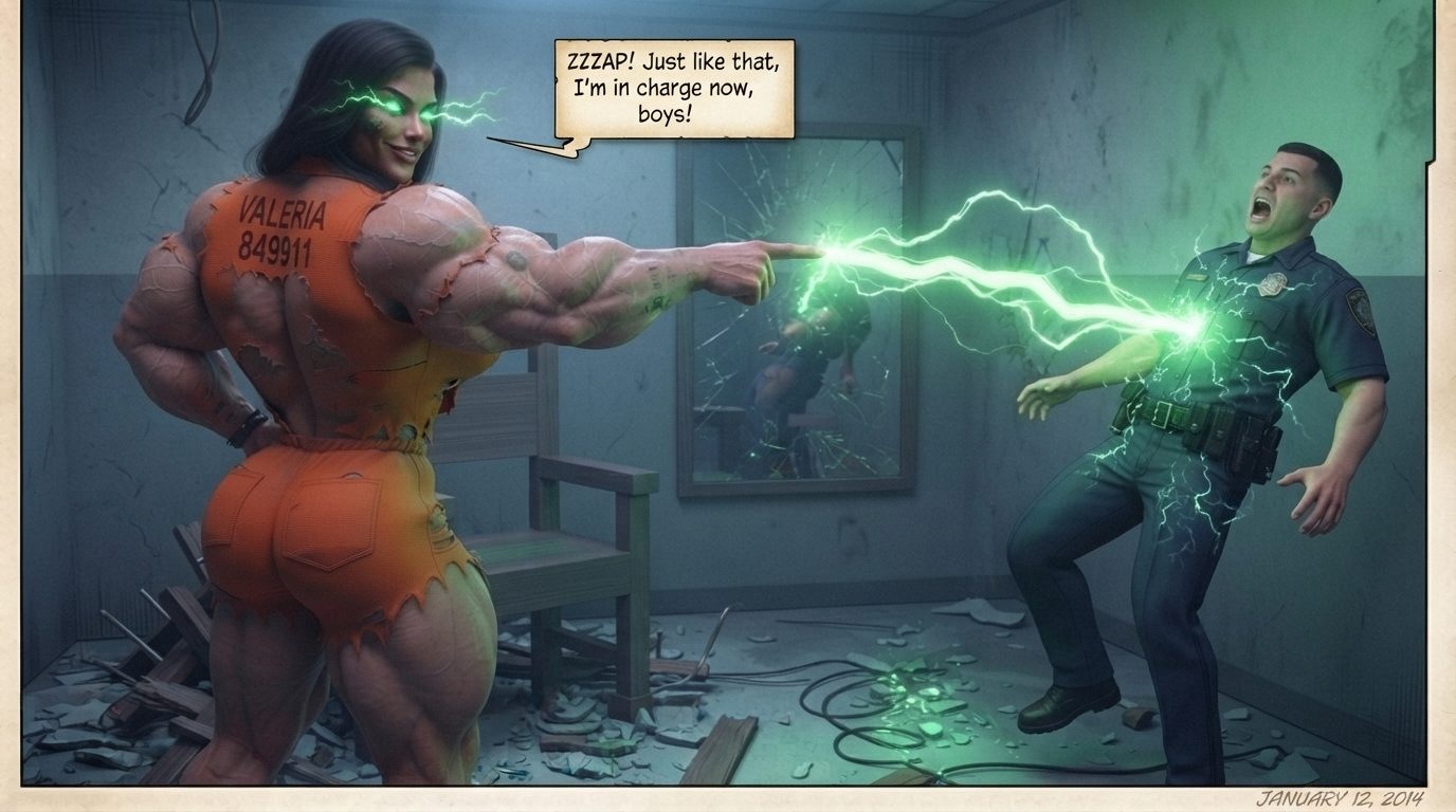 Valeria The Zappening., page 22 — AI female muscle growth comic