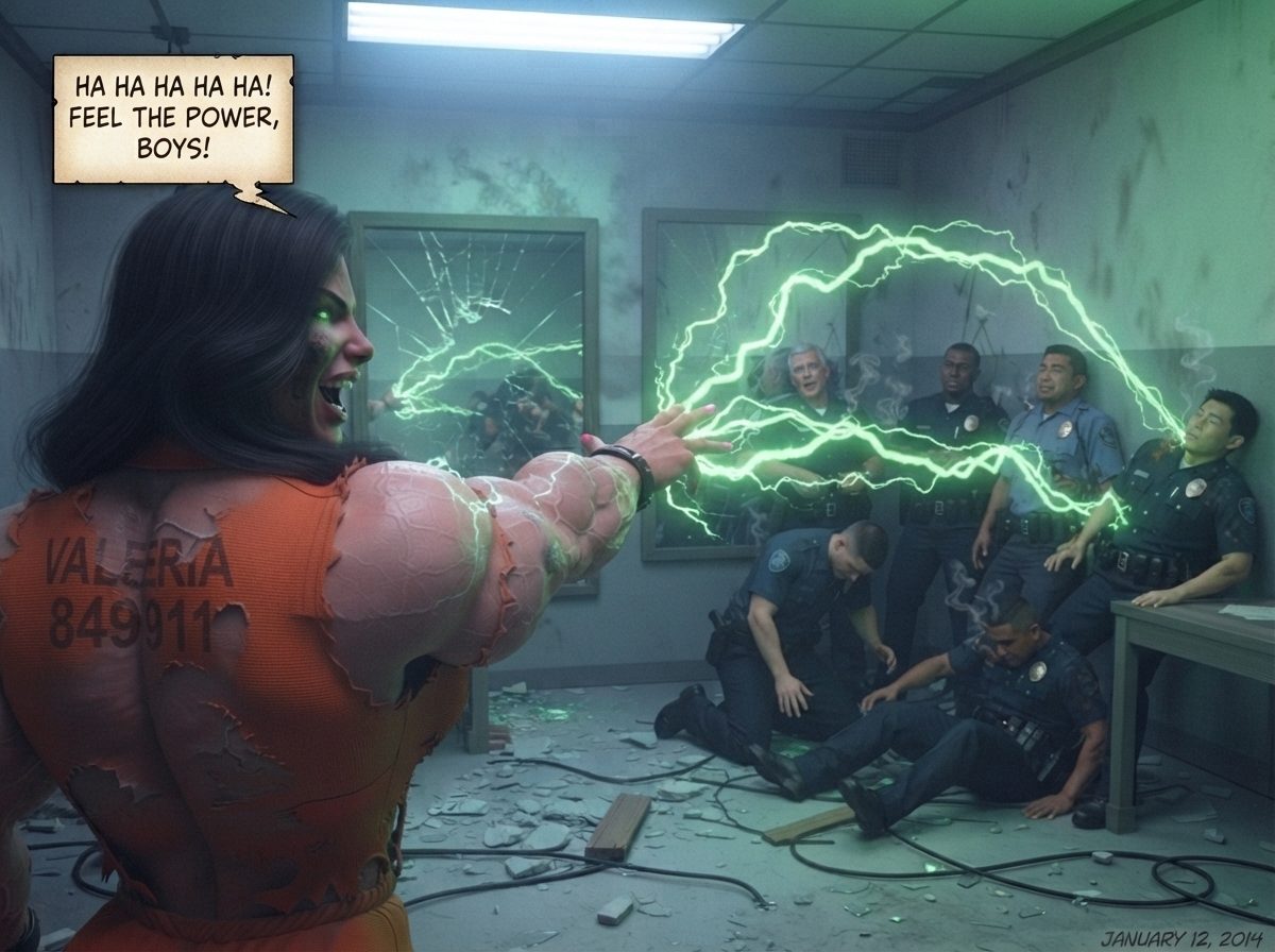 Valeria The Zappening., page 24 — AI female muscle growth comic