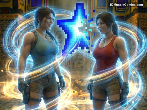 Two smiling muscular Lara Croft versions in teal and red tanks face each other beside a glowing pixel star.