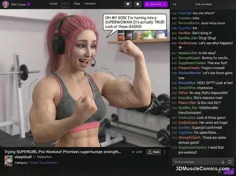 Pink-haired streamer Ohio Cassie in a headset and gray sports bra flexes a swollen bicep in her home gym on a livestream