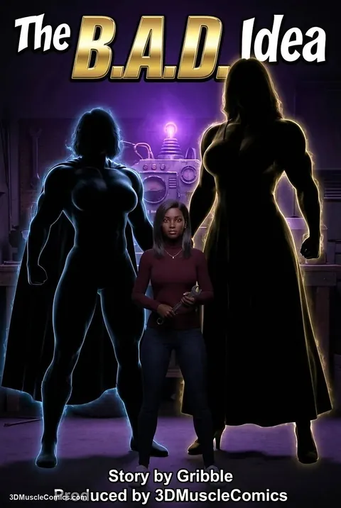 Monisha in a maroon sweater holds a wrench between two glowing superheroine silhouettes on The B.A.D. Idea cover