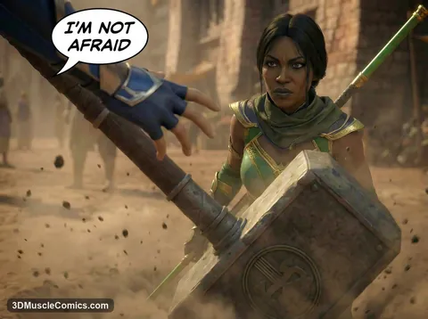 Jade glares at the viewer behind Shao Kahn's stone war hammer while Kitana's gloved hand reaches toward the handle