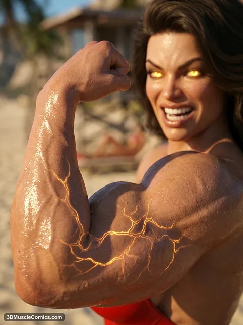 Brunette lifeguard with glowing yellow eyes grins and flexes a huge bicep traced with orange lightning veins