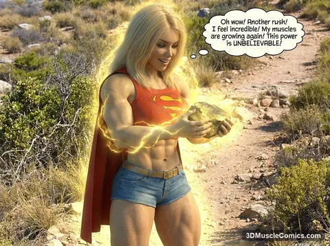 Muscular blonde Jill in a Supergirl-style top holds a glowing golden rock with lightning along her arms on a desert trail